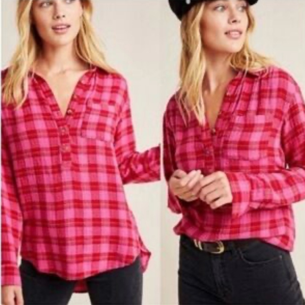 Anthropologie Isadora Pink Plaid Button Up Popover